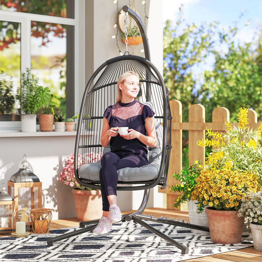 Outsunny Rattan Hanging Egg Chair With Stand Outdoor Indoor Foldable Wicker Swing With Cushion Capacity 150 Kg Dark Grey