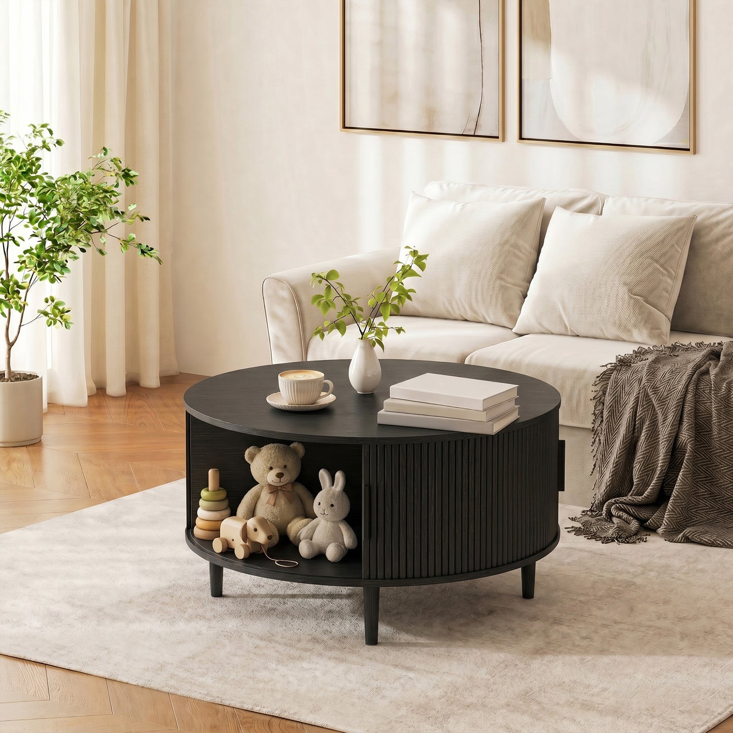 HOMCOM Lift Top Round Coffee Table With Hidden Storage And Fluted Sliding Door 80 cm Black Wood Effect