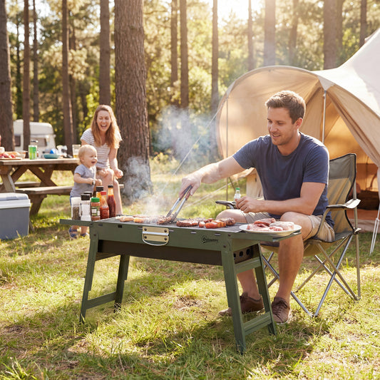 Outsunny Portable Foldable Charcoal BBQ Grill for Camping and Picnics with Two Side Shelves and Handle Green