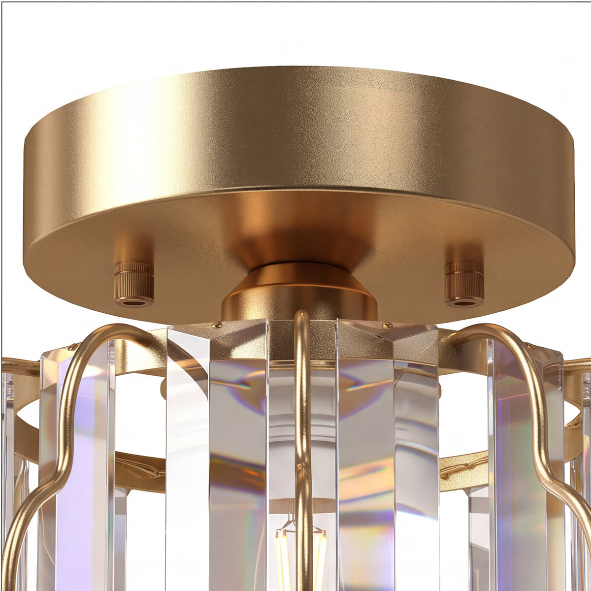 Gold ceiling canopy and clear crystal bar cage of a semi-flush ceiling light