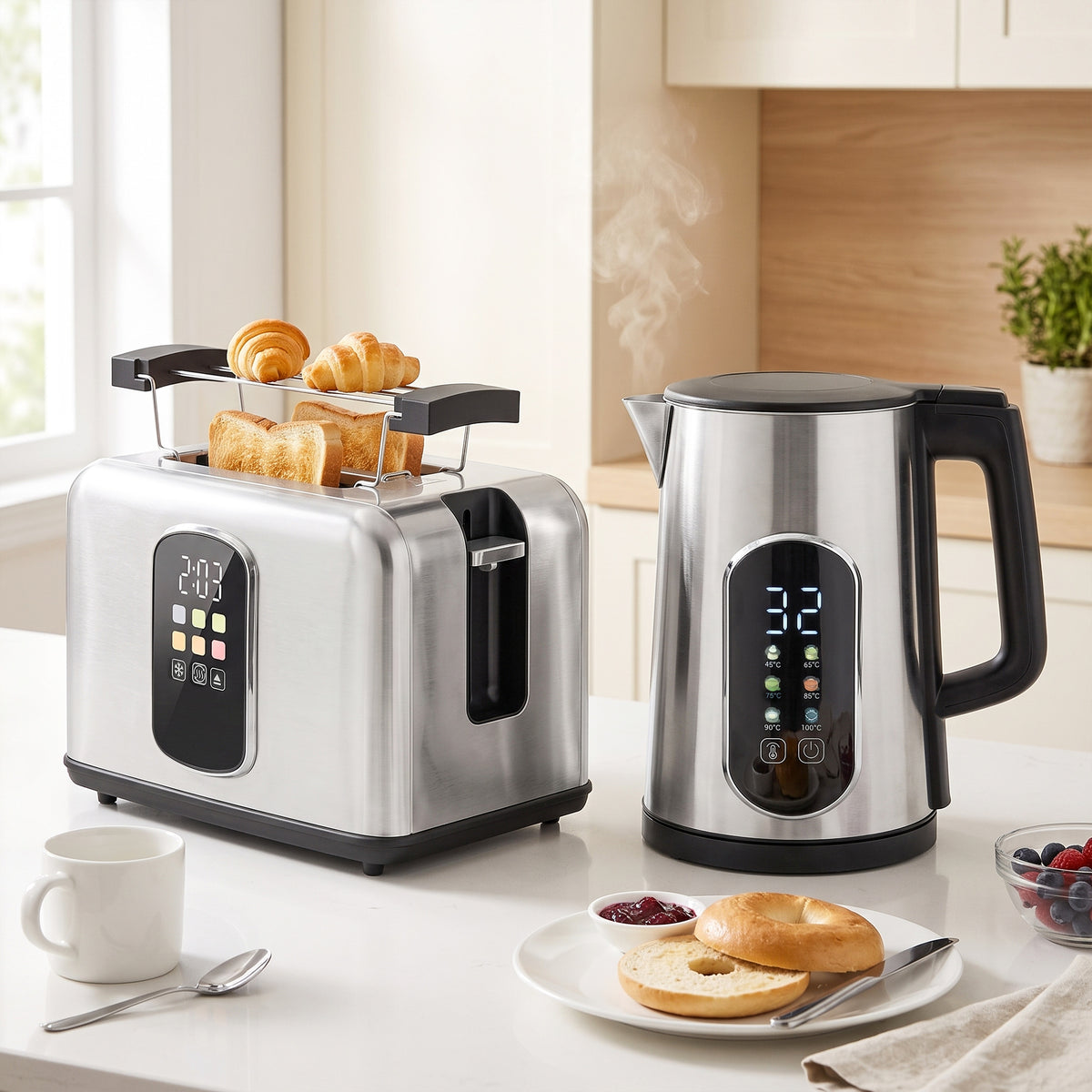 Stainless steel toaster and electric kettle set with LED touch displays and black handles