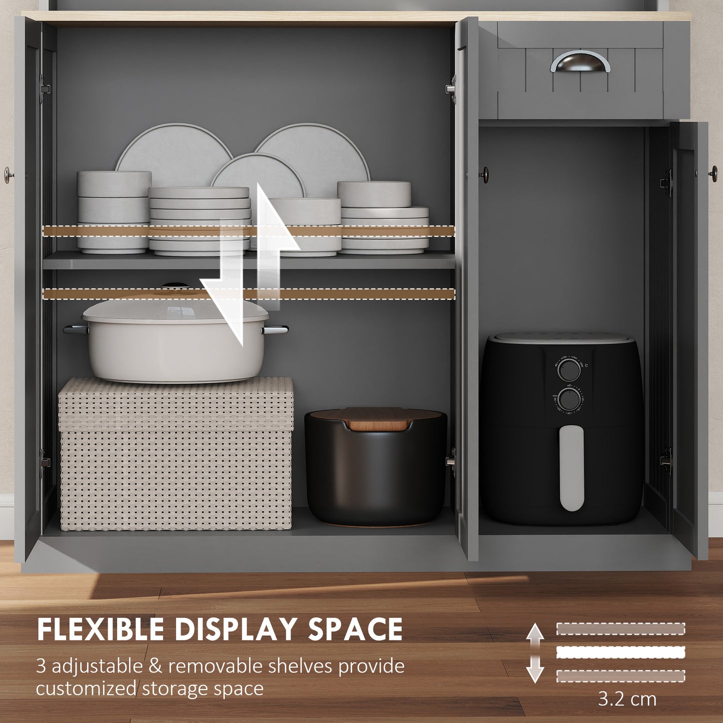 HOMCOM 180cm Freestanding Kitchen Cabinet Grey With Open Countertop Drawer And 6 Doors Modern Storage