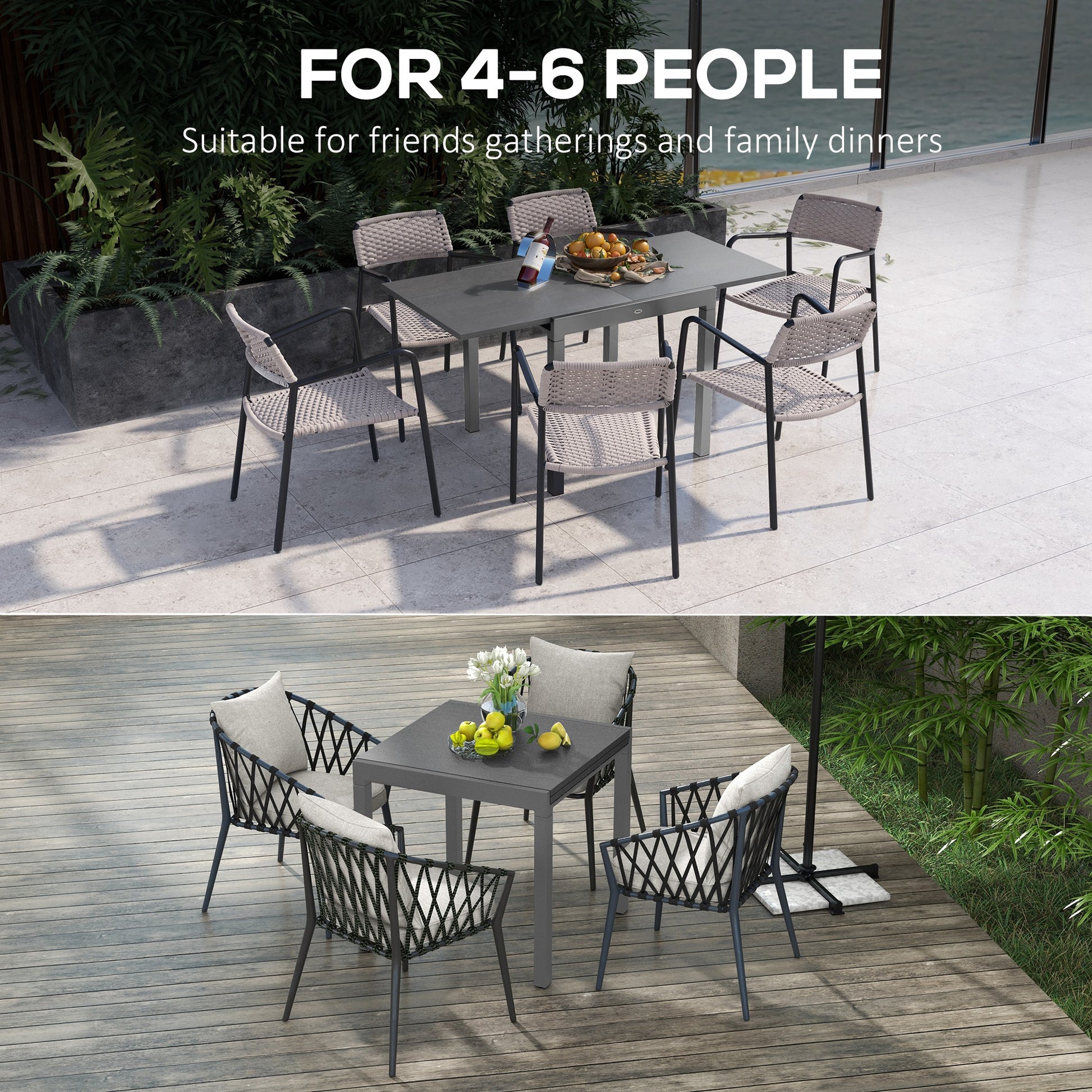 Outsunny Versatile Extendable Garden Dining Table for 6 - Dark Grey Aluminium Frame with Steel Top - ALL4U RETAILER LTD