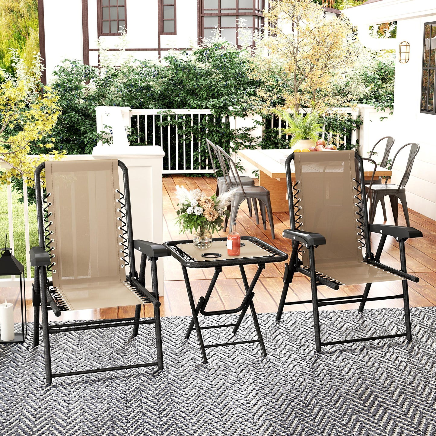 Outsunny Three Piece Garden Table And Chair Set In Khaki With Powder Coated Steel Frame And Textiline Fabric