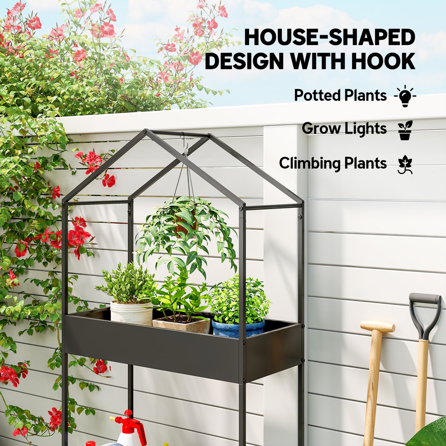 Outsunny 2 Tier Plant Stand With Hook Outdoor Indoor Metal Display Rack House Shaped Pots Holder Black