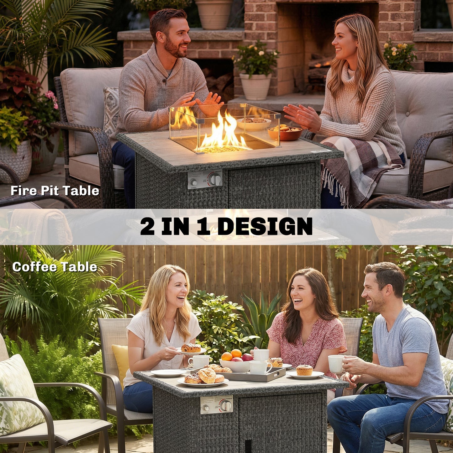 Outsunny 14.5 KW Rattan Gas Fire Pit Dining Table With Rain Cover Wind Guard Lid Lava Rocks Dark Grey