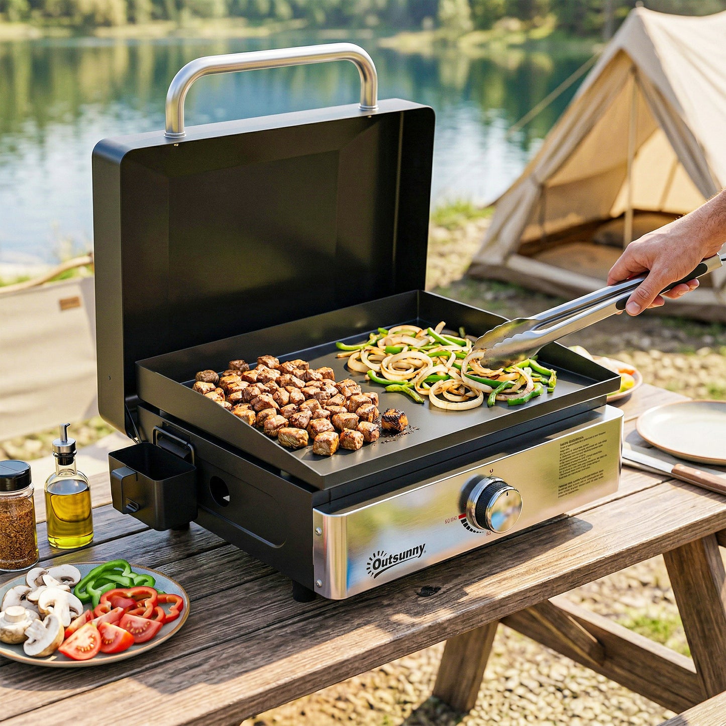 Outsunny Grill Griddle Portable Gas Plancha 3.5 Kw Tabletop BBQ with Grease Cup for Camping Picnics Patios Black