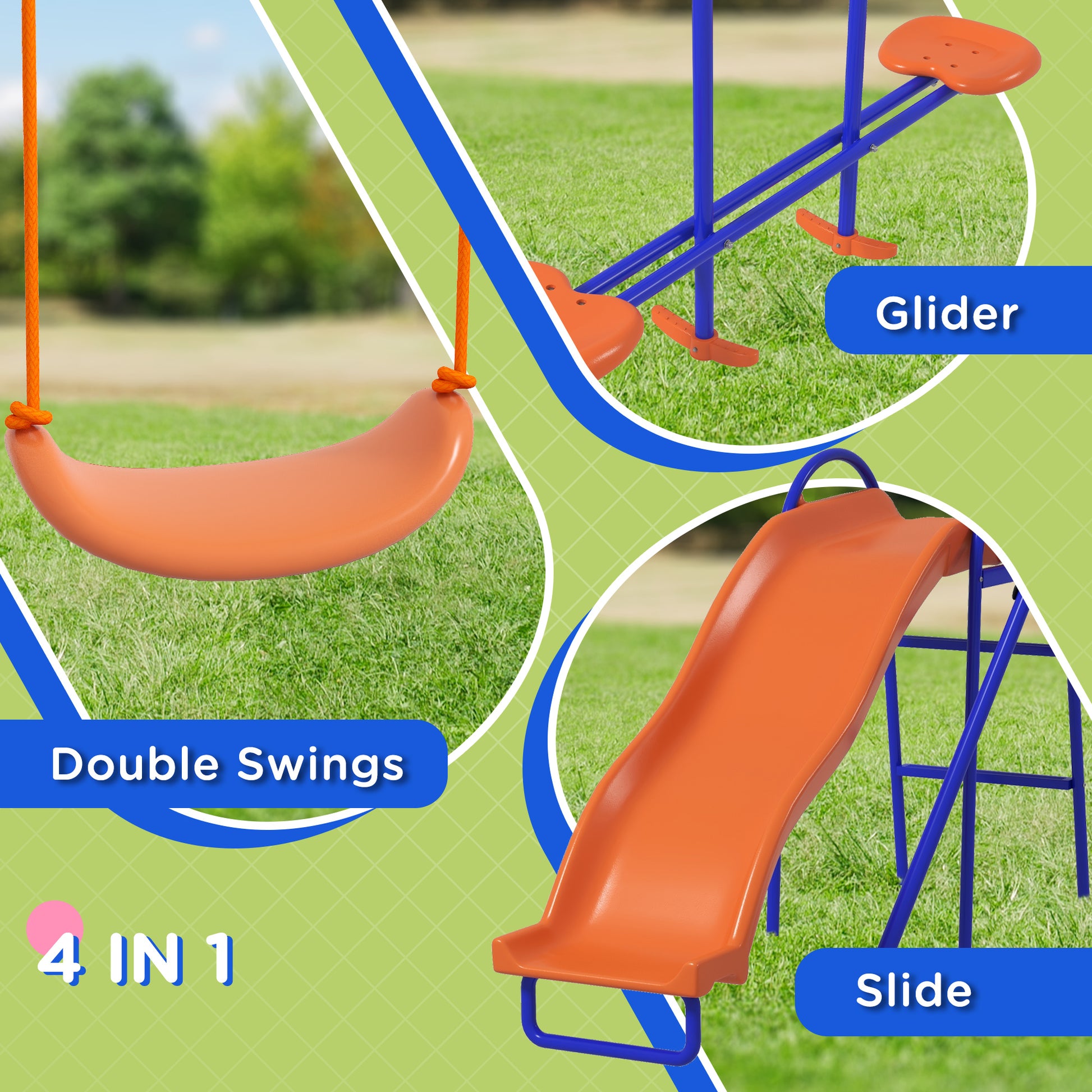 Outsunny 4-in-1 Colorful Metal Outdoor Swing Set with Double Swings, Glider, Slide, and Ladder for Kids - ALL4U RETAILER LTD