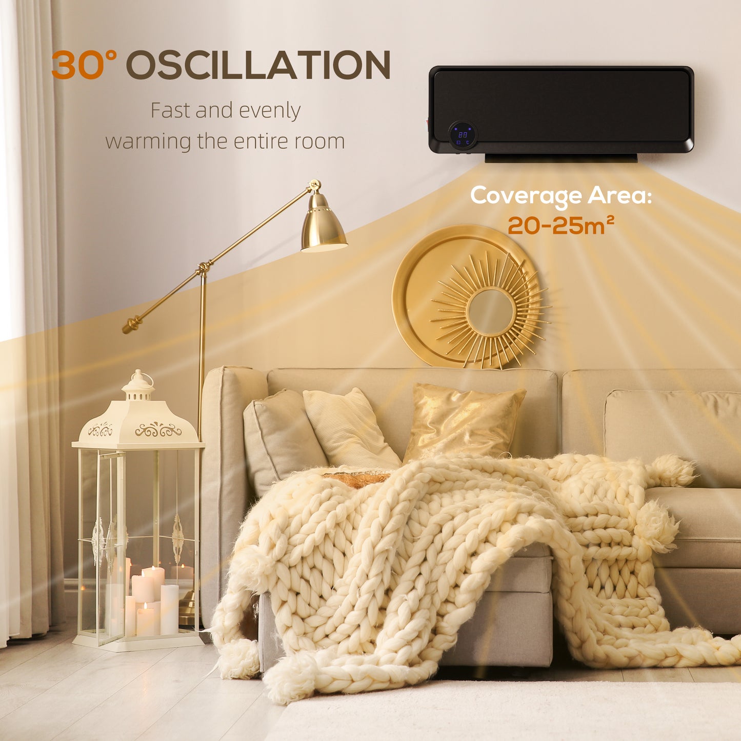 HOMCOM Wall Downflow Heater Timer Remote Oscillating 1000W 2000W Electric Space Heater For Bedroom Home Office Black