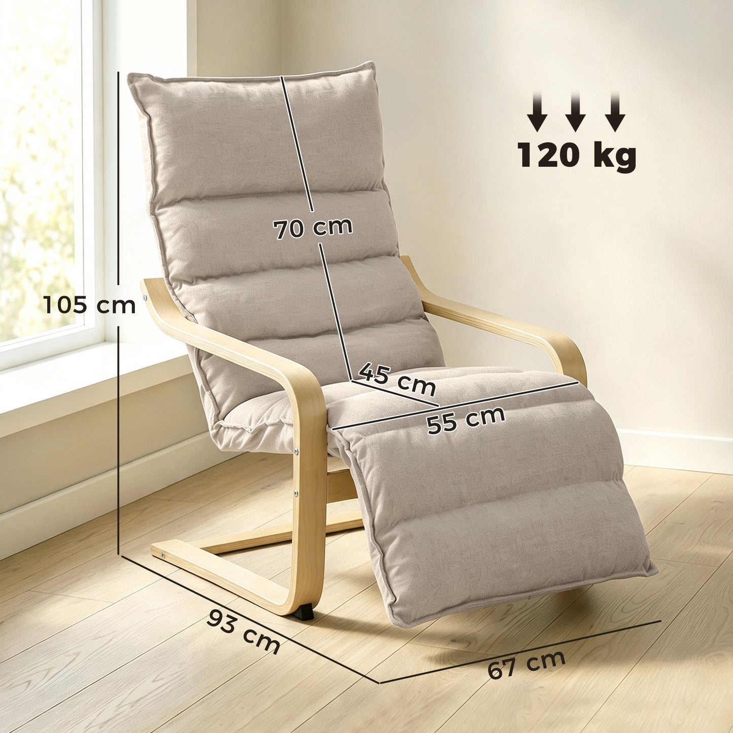 HOMCOM Curved Wooden Accent Armchair With Adjustable Footrest 12cm Padded Seat Velvet Feel Upholstery Light Brown