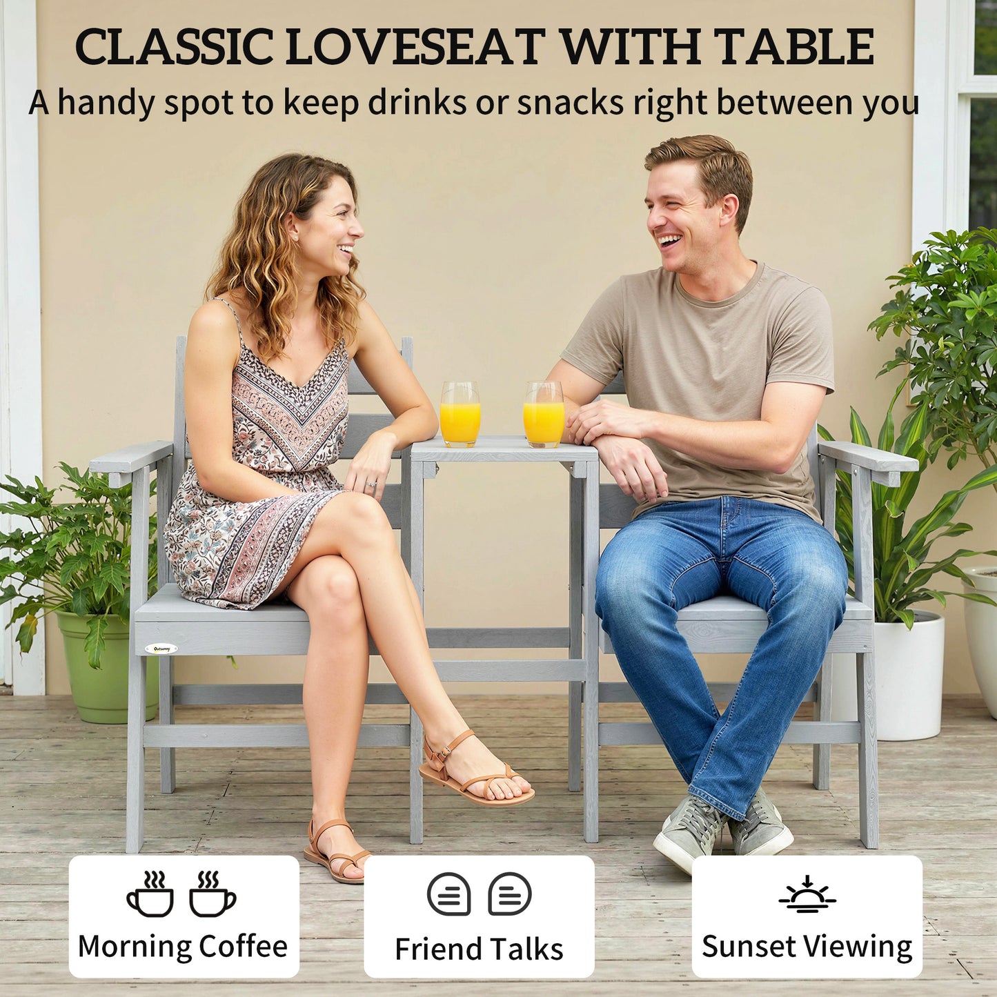 Outsunny Outdoor Garden Loveseat With Integrated Table Between Jack And Jill Seats Embossed Wooden Grey
