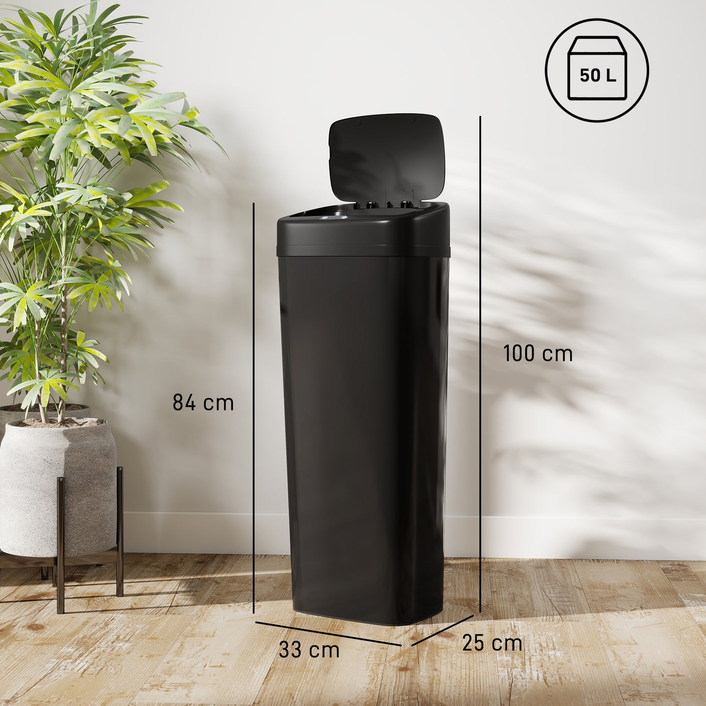 HOMCOM 50L Stainless Steel Sensor Bin Black With Auto Open Lid And Manual Stay Open