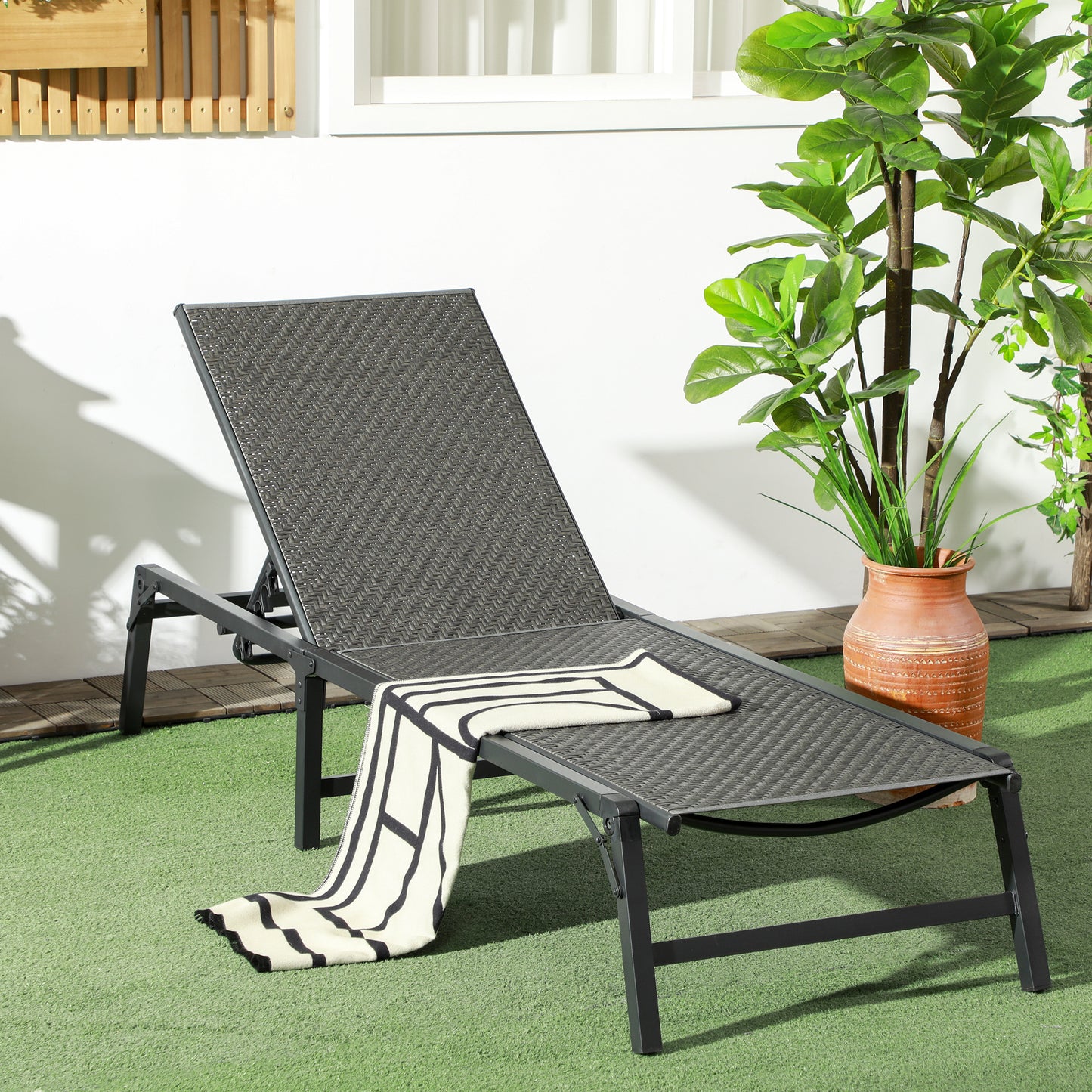 Outsunny Adjustable Grey Rattan Reclining Sun Lounger - Foldable Outdoor Chair - ALL4U RETAILER LTD