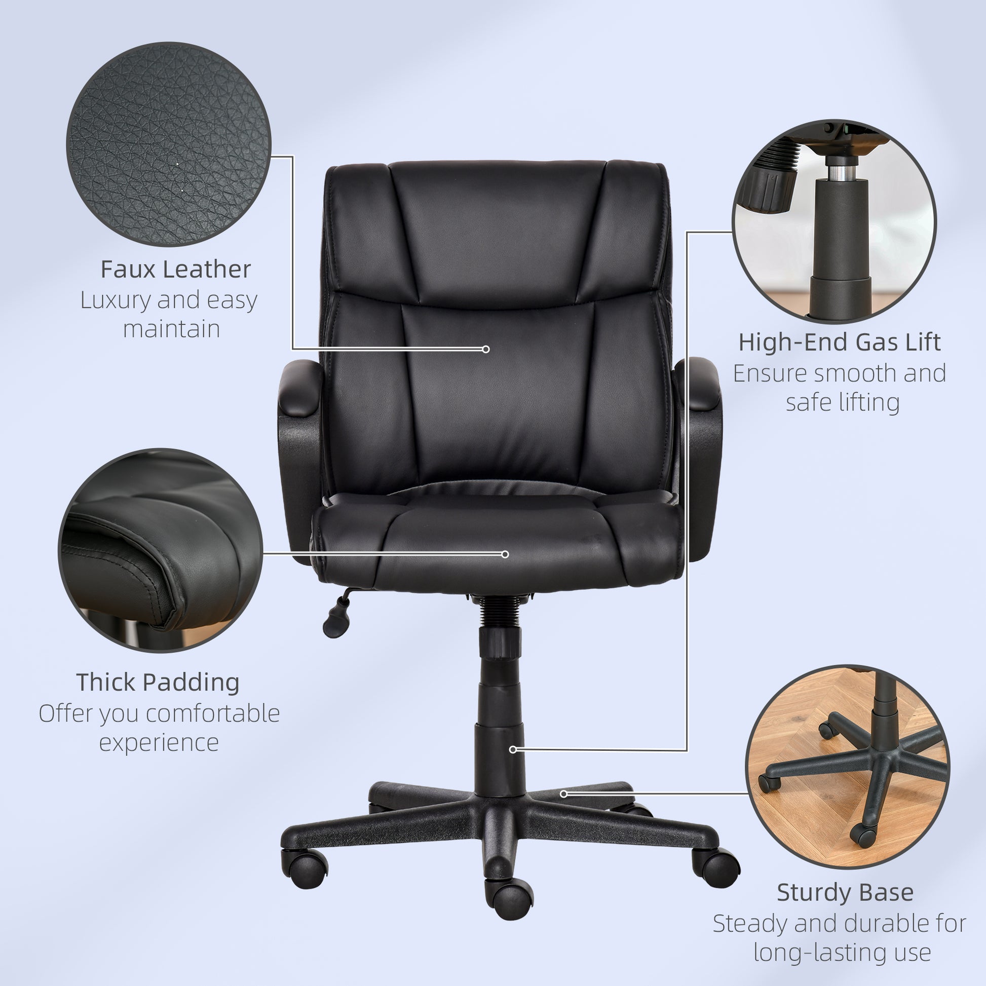 Vinsetto Black PU Leather Ergonomic Executive Swivel Office Chair with Adjustable Height and Armrests for Home Use - ALL4U RETAILER LTD