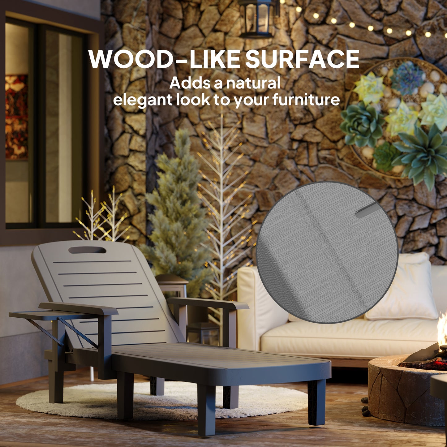 Outsunny 2 Pack Resin Sun Loungers Garden Beach 5 Position Adjustable Wood Grain Surface Foldable Table Dark Grey