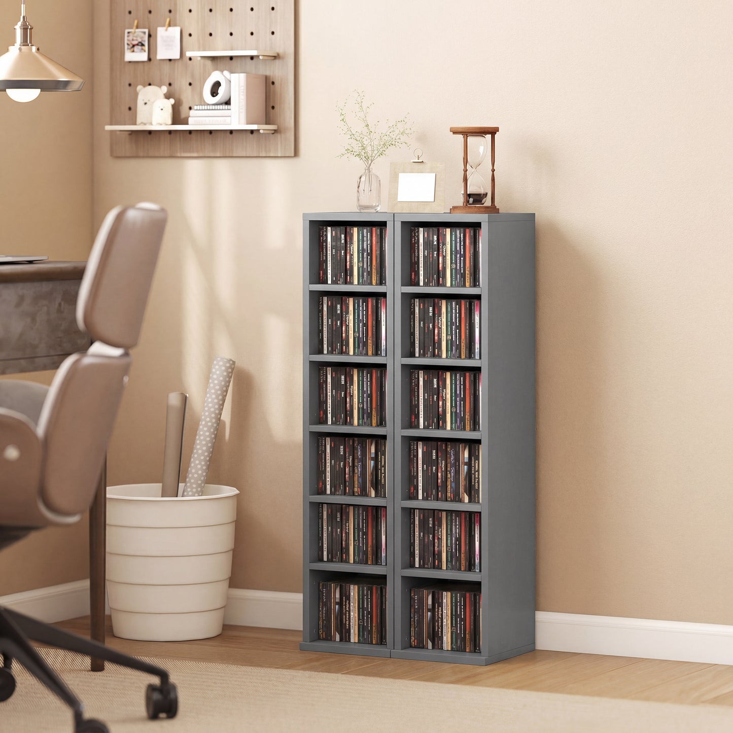 HOMCOM Set of 2 CD Media Display Shelves With Adjustable Shelves Tower Rack Light Grey