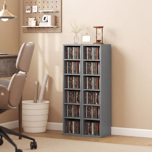 HOMCOM Set of 2 CD Media Display Shelves With Adjustable Shelves Tower Rack Light Grey