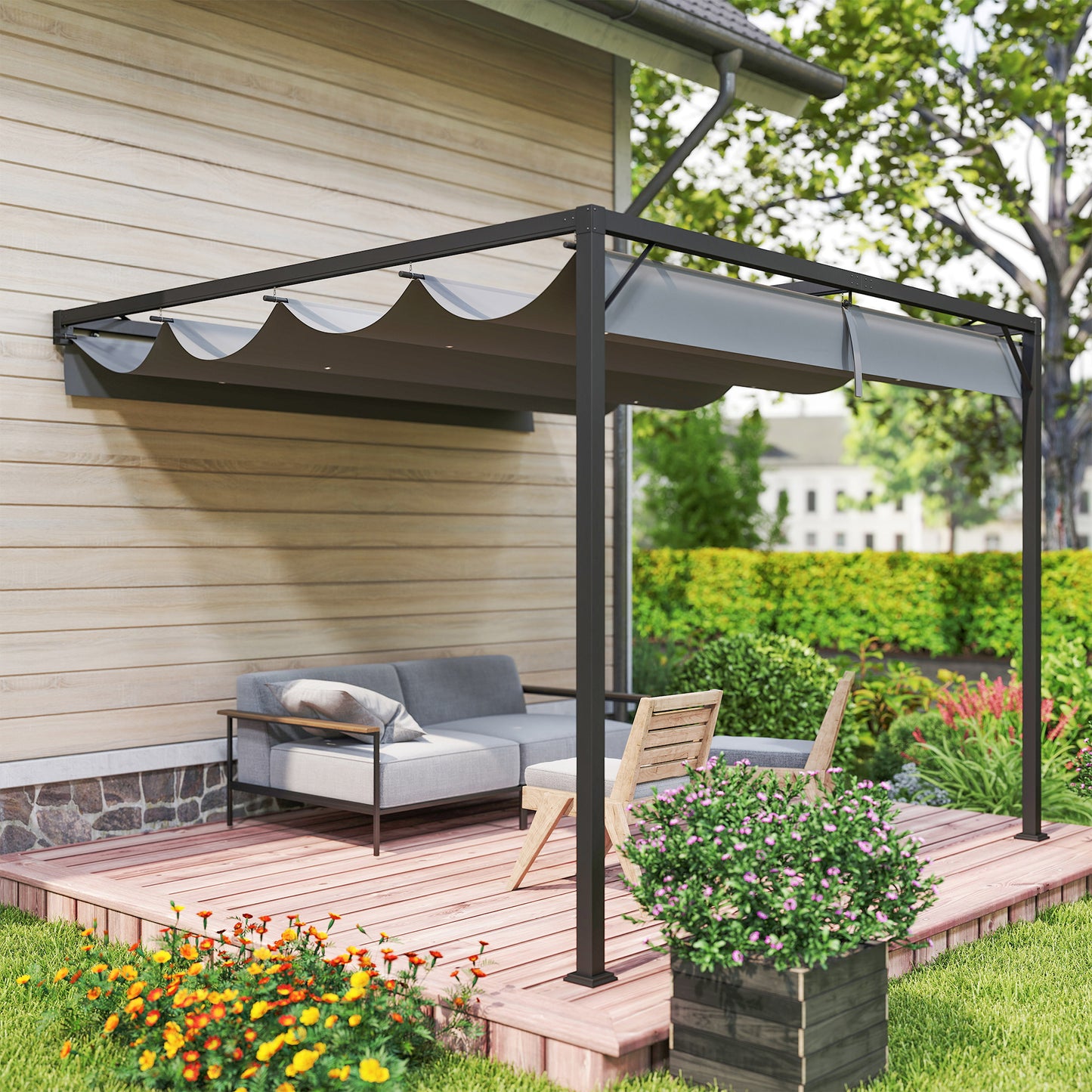 Outsunny 3x3 M Pergola With Sliding Canopy Grey Outdoor Gazebo For Patio And Garden Shade