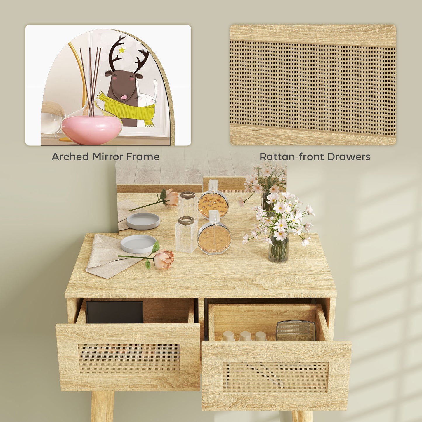 HOMCOM Compact Dressing Table Vanity Desk With Mirror And Two Drawers Natural Wood Finish