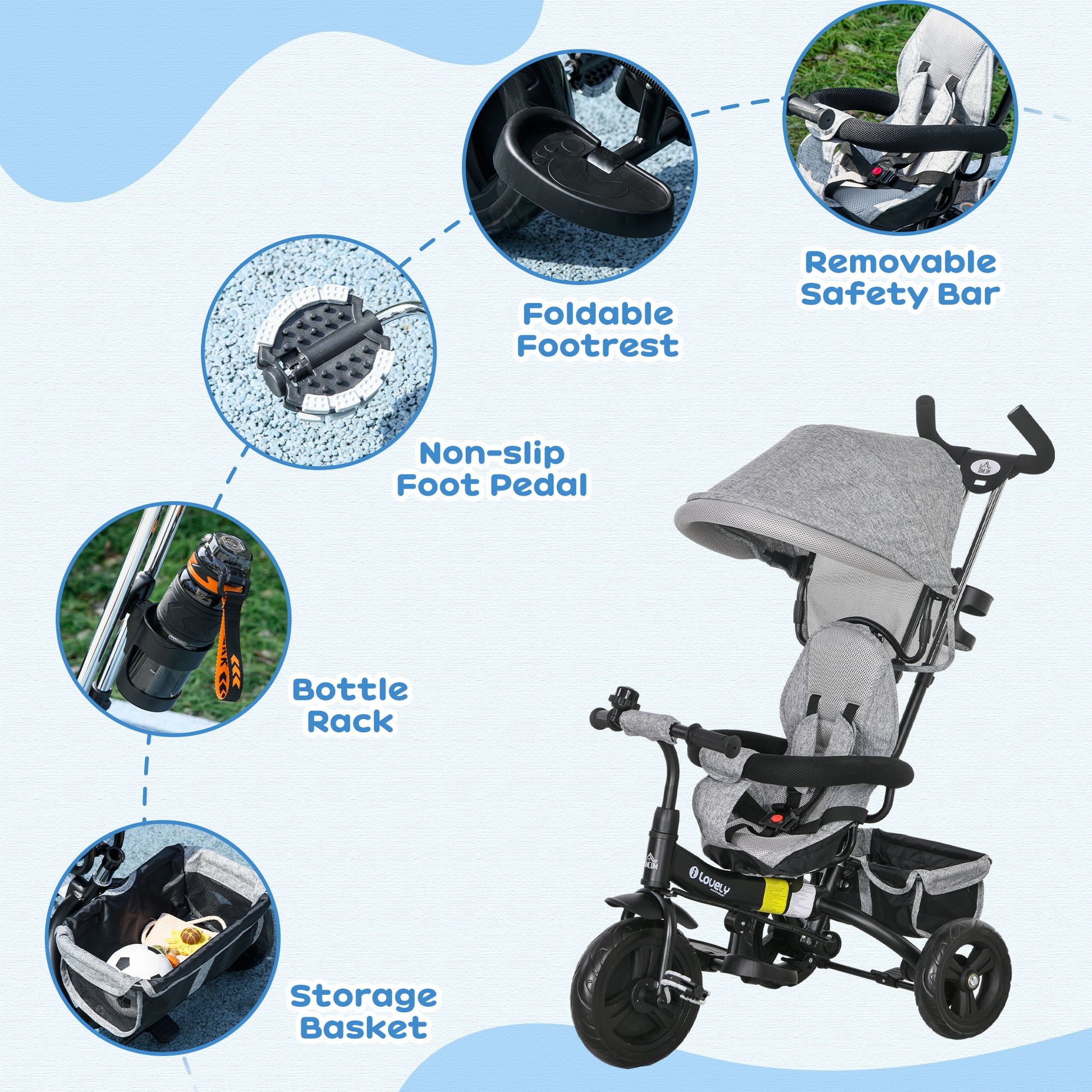 HOMCOM Transformable 4-in-1 Toddler Trike with Canopy, Push Handle, and Safety Features for Ages 1-5 - Grey - ALL4U RETAILER LTD