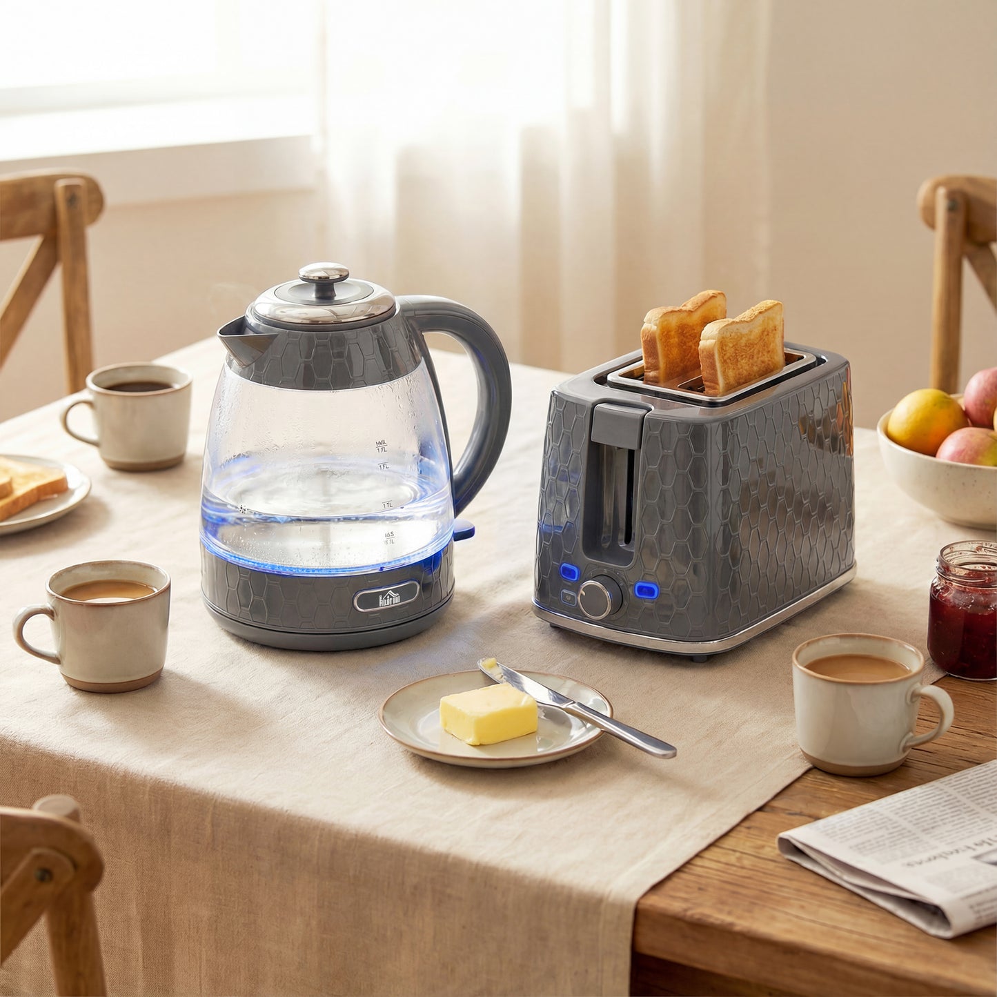 HOMCOM Kettle And Toaster Set 1.7L 3000W With Limescale Filter 2 Slice Toaster Seven Browning Controls Grey