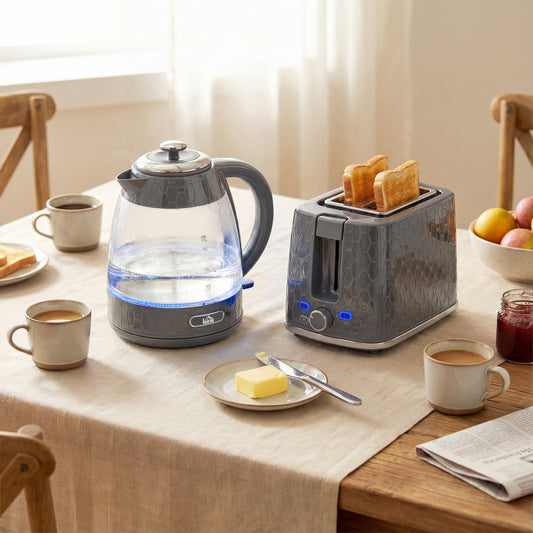 HOMCOM Kettle And Toaster Set 1.7L 3000W With Limescale Filter 2 Slice Toaster Seven Browning Controls Grey
