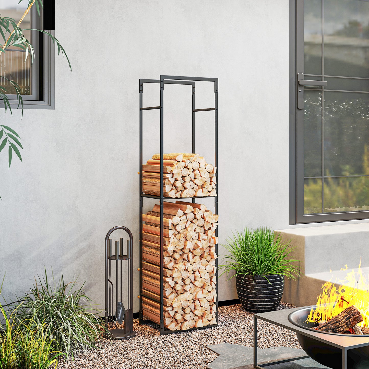 Outsunny Metal Firewood Log Holder With Adjustable Shelf Heavy Duty Log Rack For Indoor Outdoor Use Black