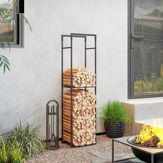 Outsunny Metal Firewood Log Holder With Adjustable Shelf Heavy Duty Log Rack For Indoor Outdoor Use Black