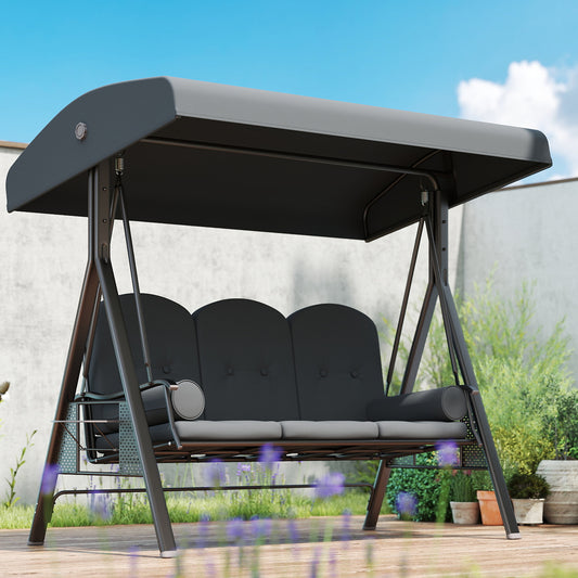 Outsunny Three Seater Garden Swing Chair With Adjustable Canopy Cushions Cup Trays Brown Steel Frame Dark Grey Fabric