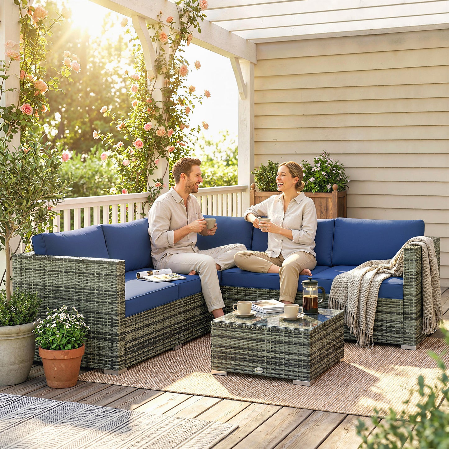 Outsunny Four Piece Rattan Patio Sofa Set With Cushions And Glass Table In Blue