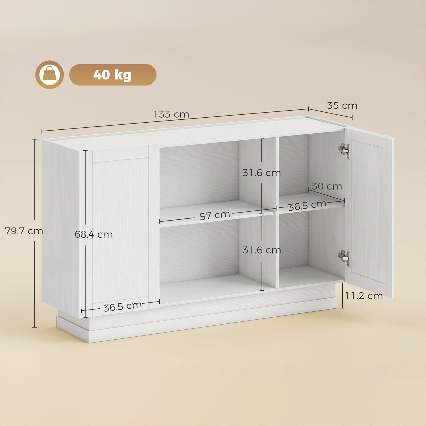 HOMCOM Sideboard Buffet Cabinet 133 cm Storage Cabinet With 2 Open Shelves 2 Cupboards Soft Close Doors White