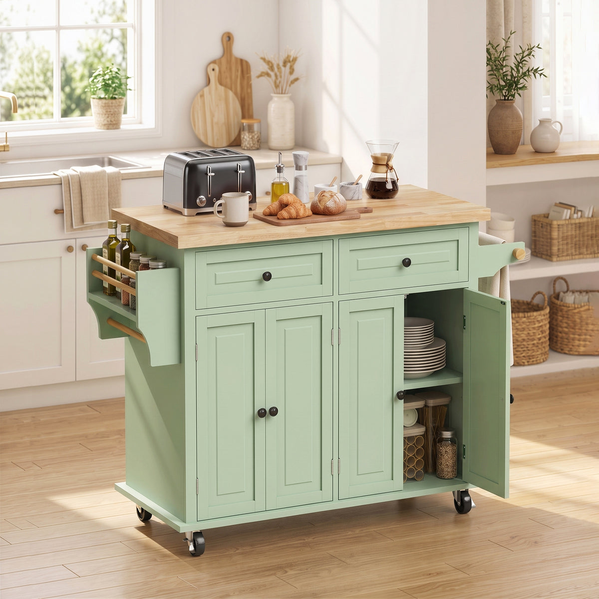 Homcom Rolling Kitchen Island Storage Cart With Rubber Wood Top Light Green