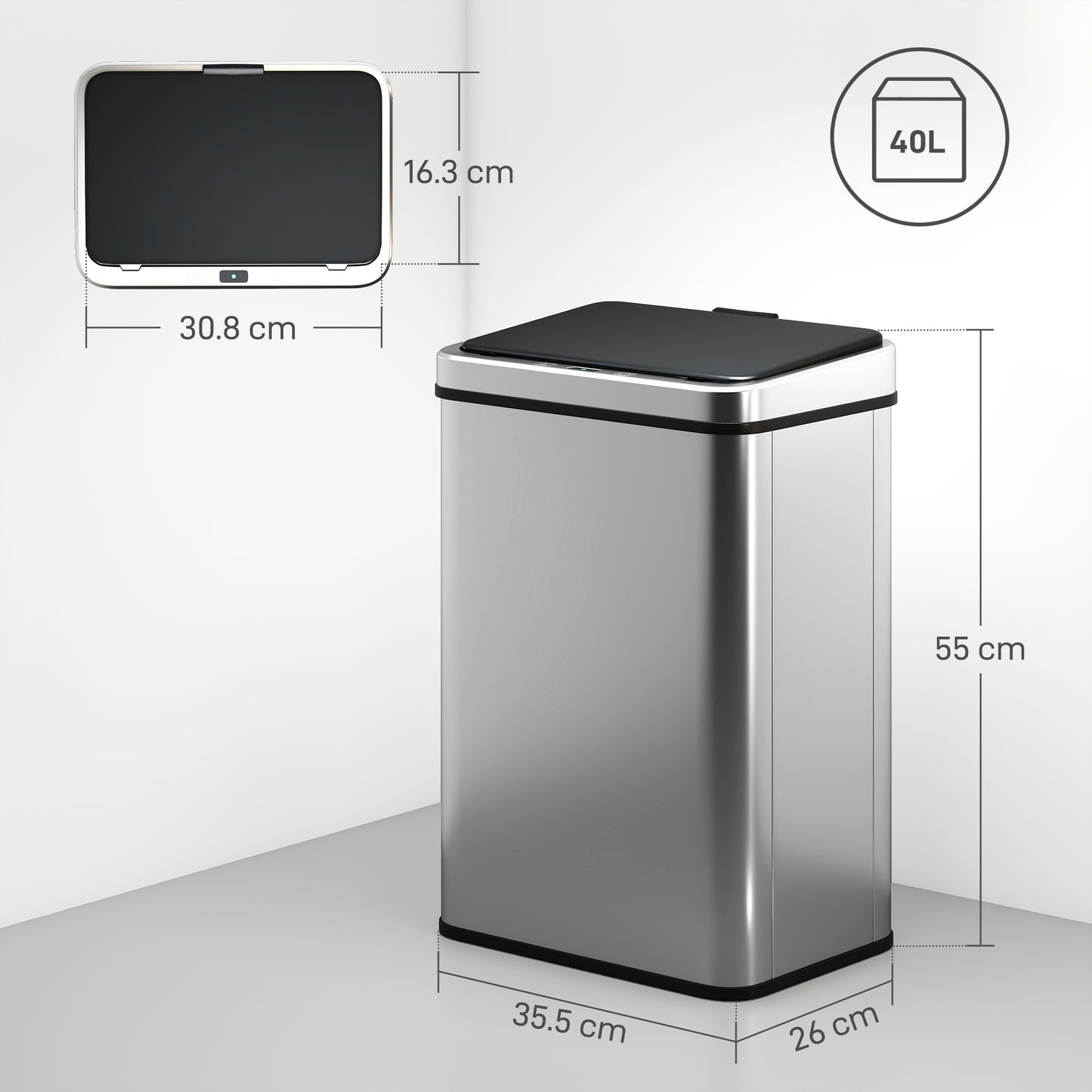 HOMCOM 40L Sensor Bin With Soft Close Lid Touchless Motion Sensor Kitchen Trash Can Fingerprint Resistant Silver Tone