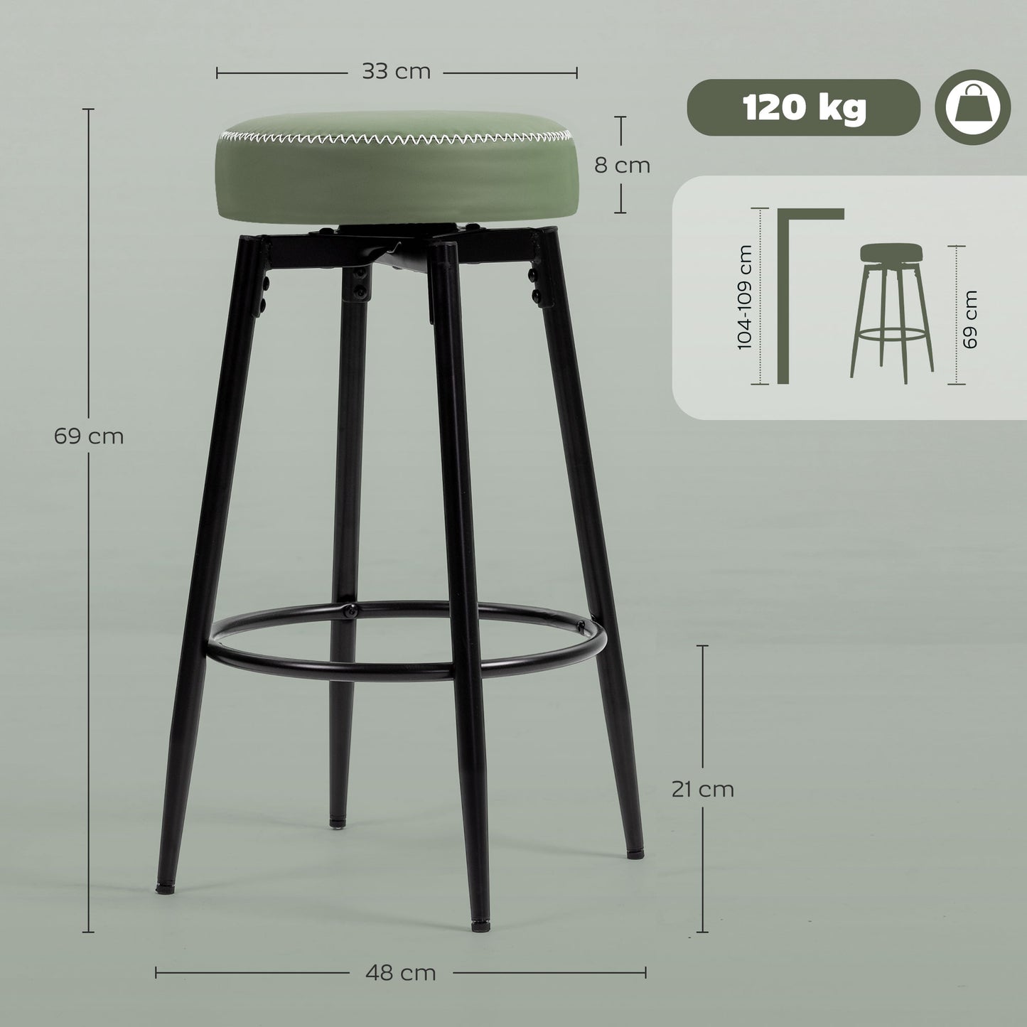 HOMCOM Set Of Two Faux Leather Bar Stools Green And Black With White Thread Edges And 8 Cm Thick Cushions