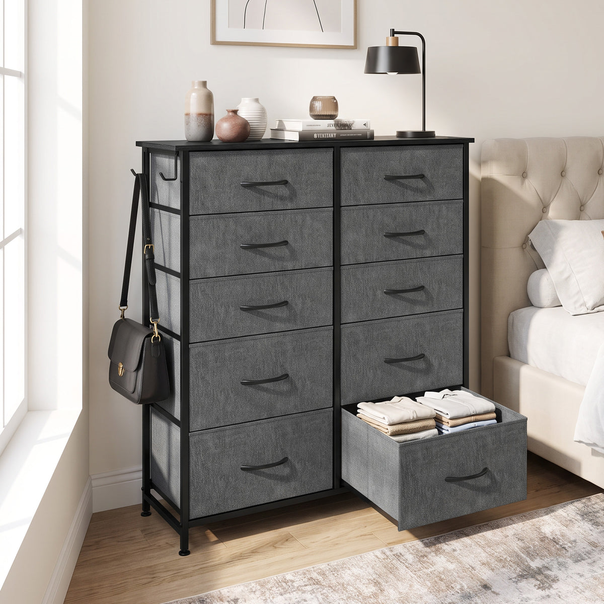 HOMCOM 10 Drawer Fabric Dresser with Steel Frame, 4 Side Pockets and 2 Hooks