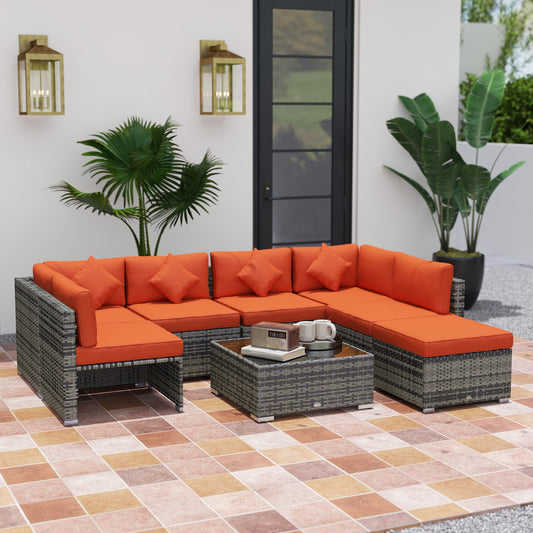 Outsunny Eight Piece Rattan Outdoor Corner Sofa Set Orange Grey With Steel Frame And Durable Wicker