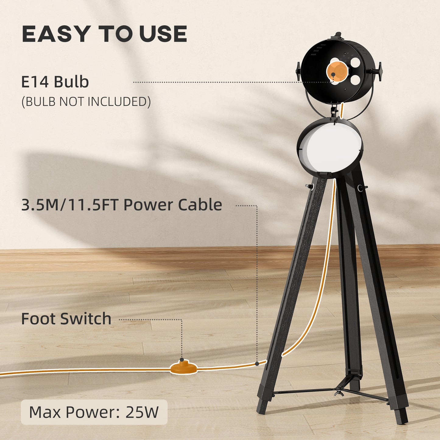 HOMCOM Industrial Tripod Floor Lamp Nautical Searchlight With Adjustable Height Wood Legs E14 Lamp Base Black