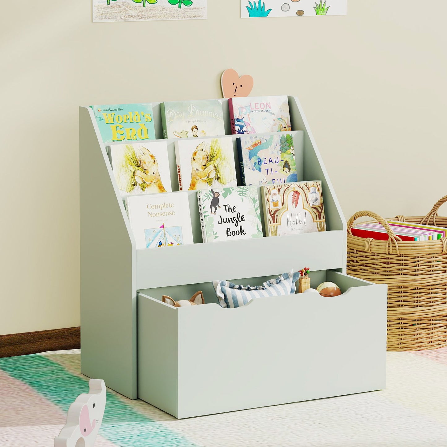 AIYAPLAY Kids Bookcase With Three Shelves And Drawer On Wheels For Bedroom And Playroom Green