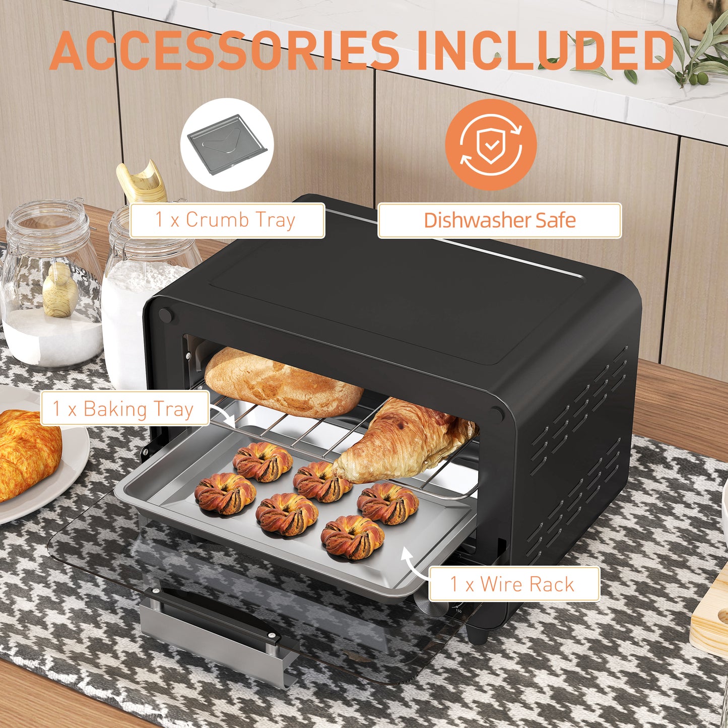 HOMCOM 12L Multifunction Mini Countertop Toaster Oven With Glass Door Adjustable Temperature And Timer Black