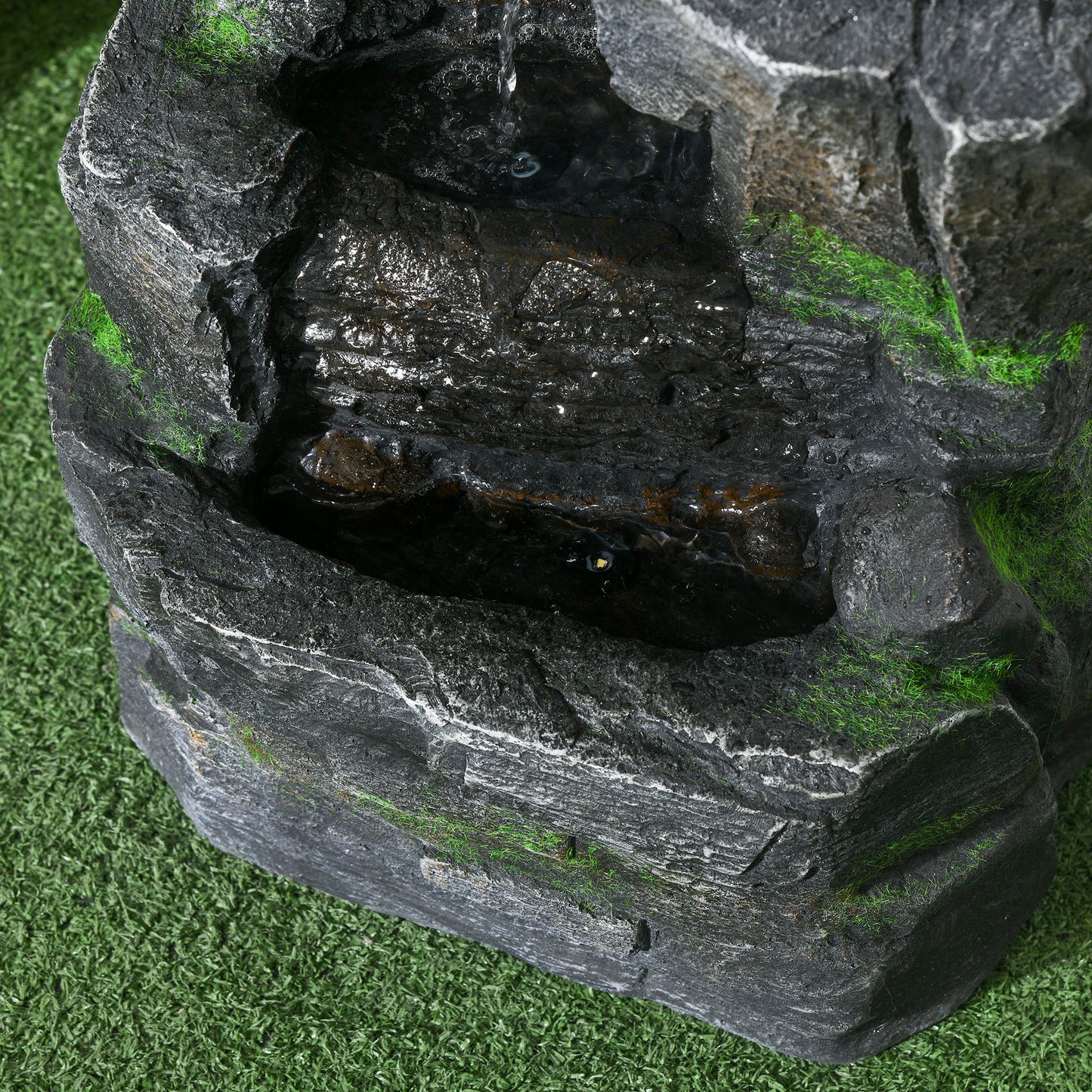 Outsunny Garden Water Feature With LED Lights Solar Powered Four Tier Waterfall Dark Grey Stone Moss Accent