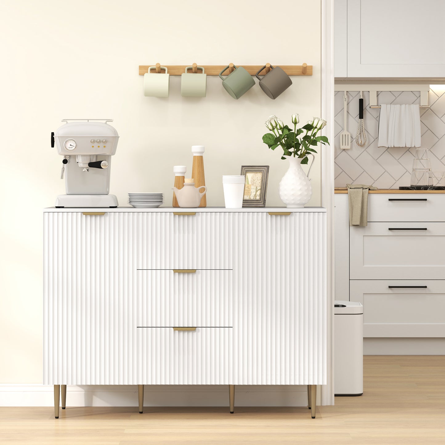 HOMCOM Two Door Sideboard With 3 Drawers And Adjustable Shelves White For Living Room And Kitchen Storage