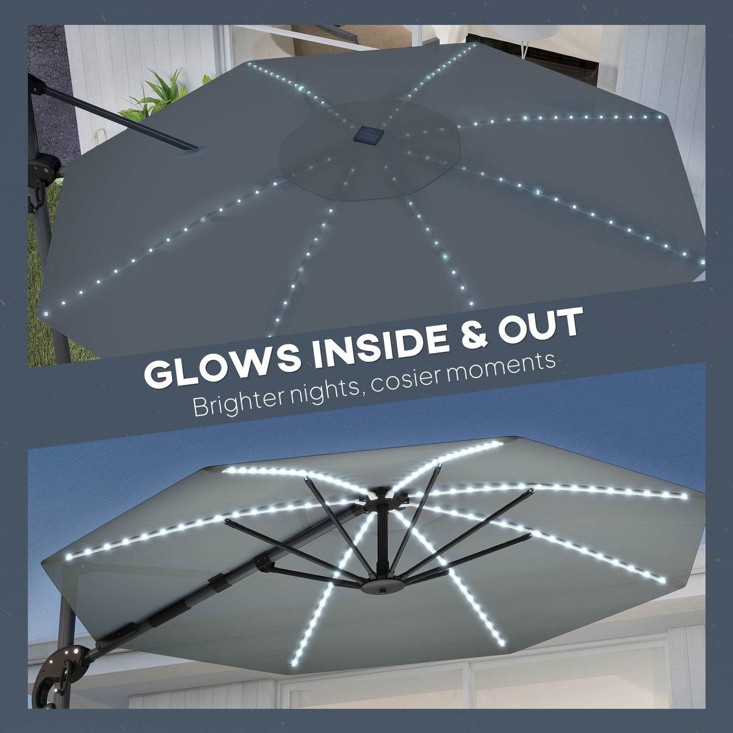 Outsunny 3m Cantilever Garden Parasol With Solar Powered Lights Cross Base UPF 50 360 Degree Rotation Dark Grey