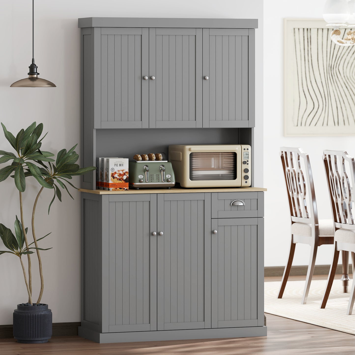 HOMCOM 180cm Freestanding Kitchen Cabinet Grey With Open Countertop Drawer And 6 Doors Modern Storage