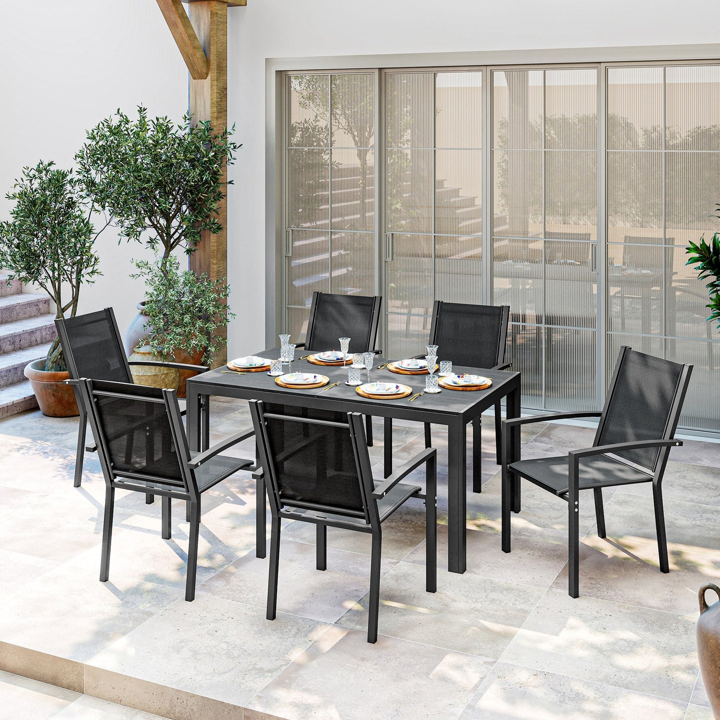Outsunny Seven Piece Garden Dining Set With Plastic Wood Top Table Six Stackable Chairs Black Outdoor Patio Furniture