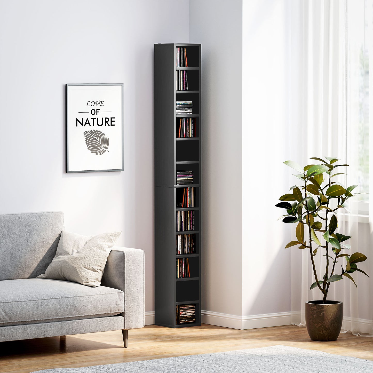 HOMCOM 204 CD Tall Narrow Media Storage Tower Black Space Saving 12 Tier Anti Tip CD Rack