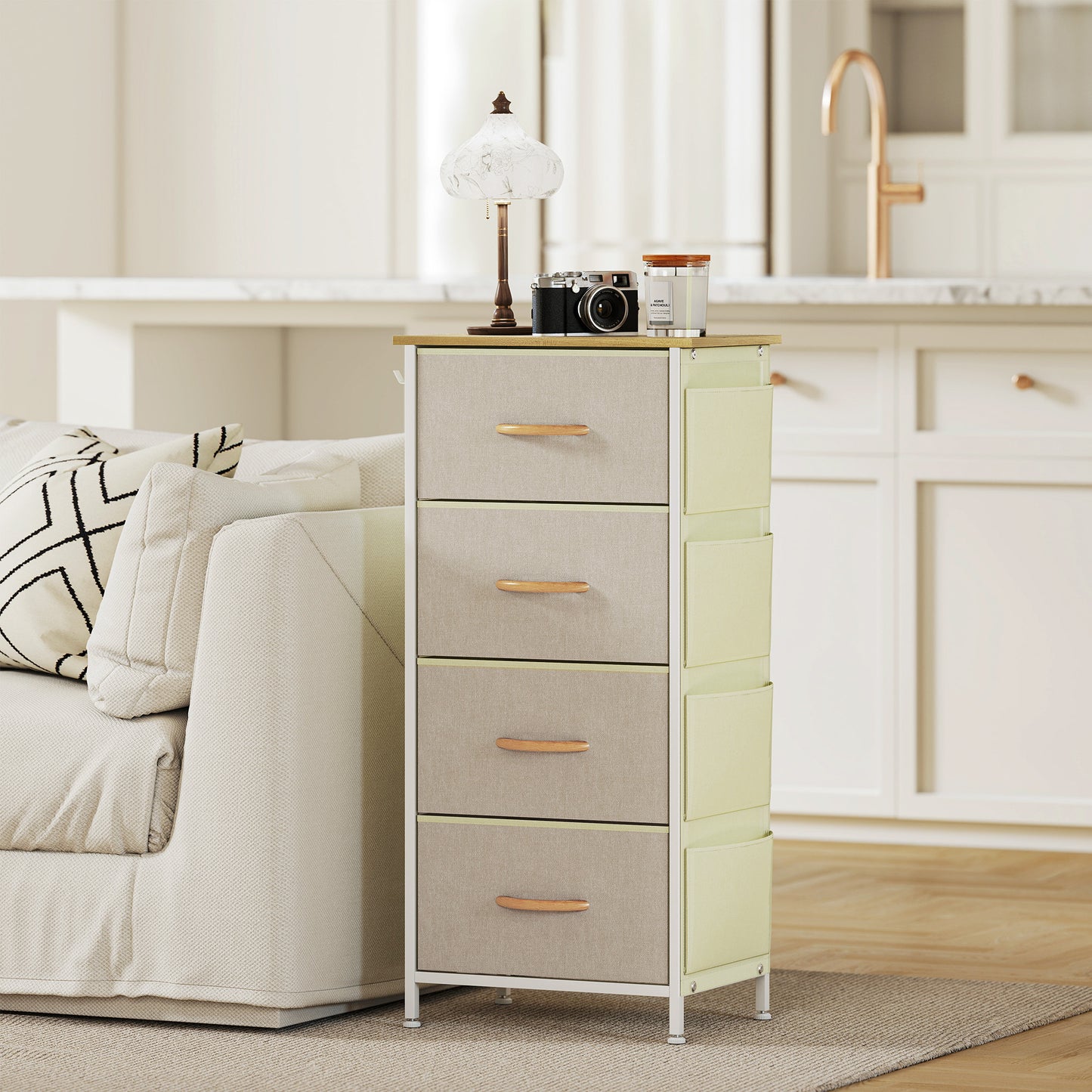 HOMCOM Chest Of Four Fabric Drawers Beige With Side Pockets And Hooks Steel Frame Storage Organizer