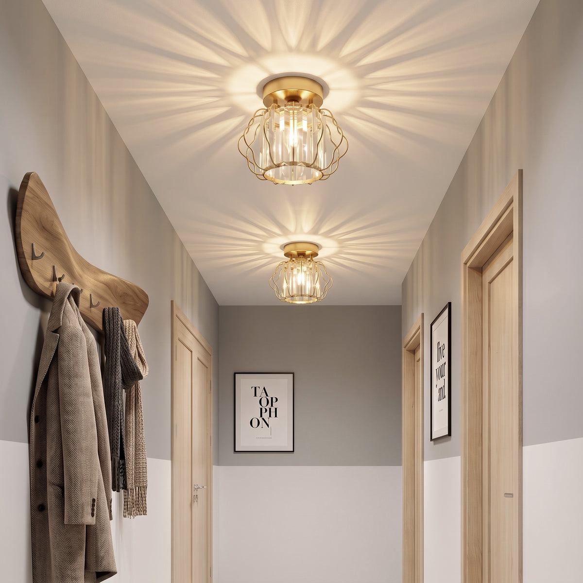 Gold semi-flush ceiling light with clear crystal bar glass and ornate metal loops