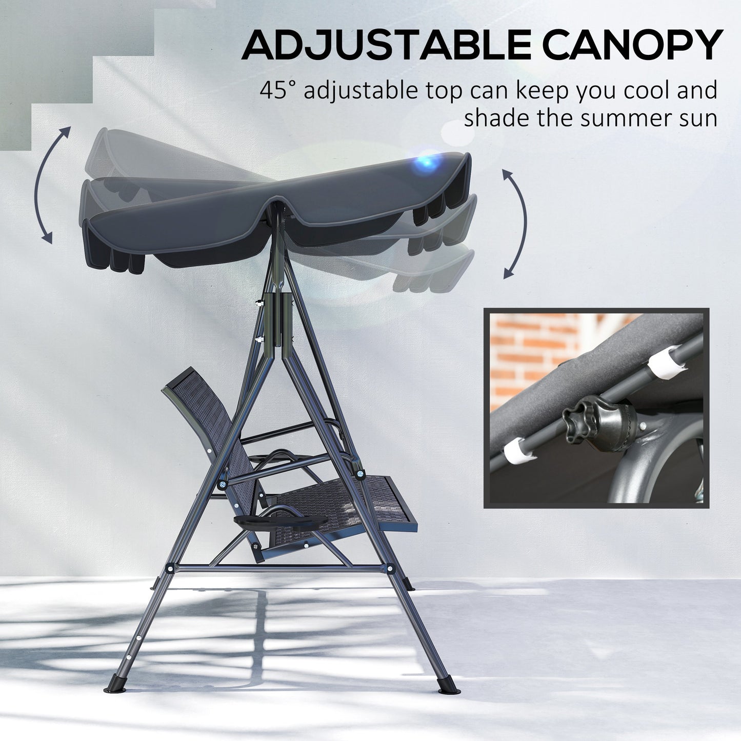 Outsunny 3 Seater Swing Chair With Adjustable Canopy Rattan Seat And Steel Frame For Patio Garden Grey