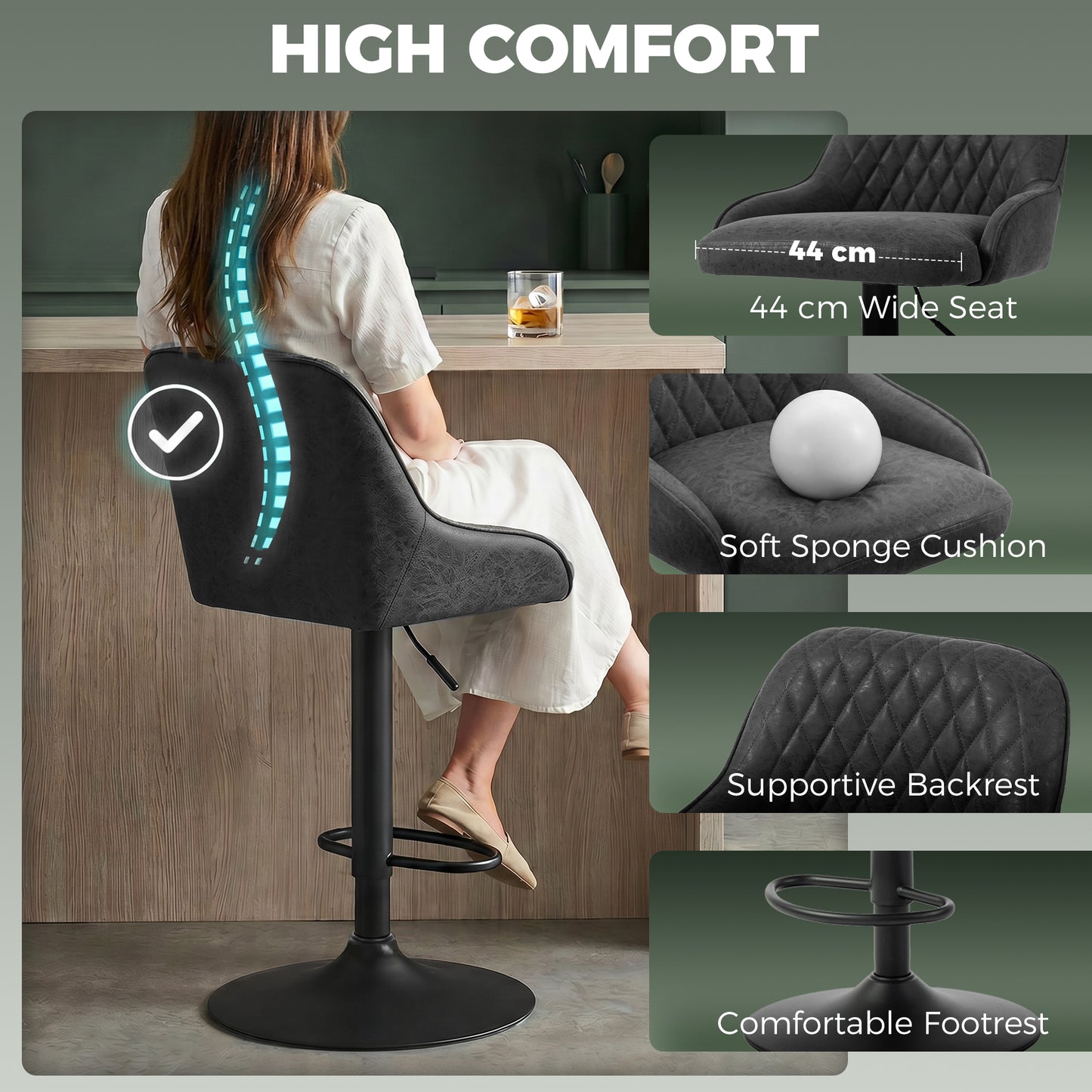 HOMCOM Adjustable Swivel Bar Stools With Backrest Kitchen Chairs Set Of 2 For Kitchen Island Black