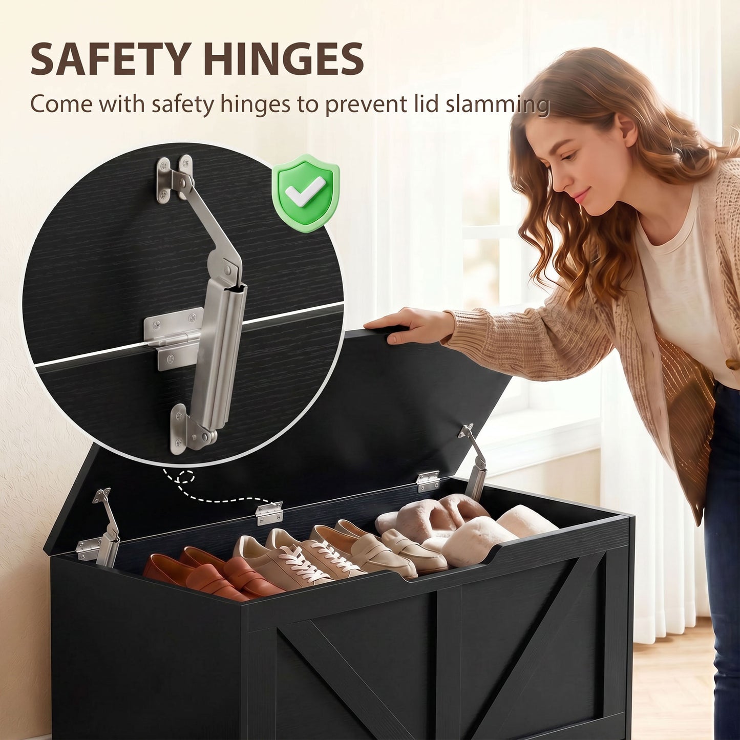 HOMCOM 127L Storage Box with Safety Hinges and Sit on Lid in Black Wood Effect Plus